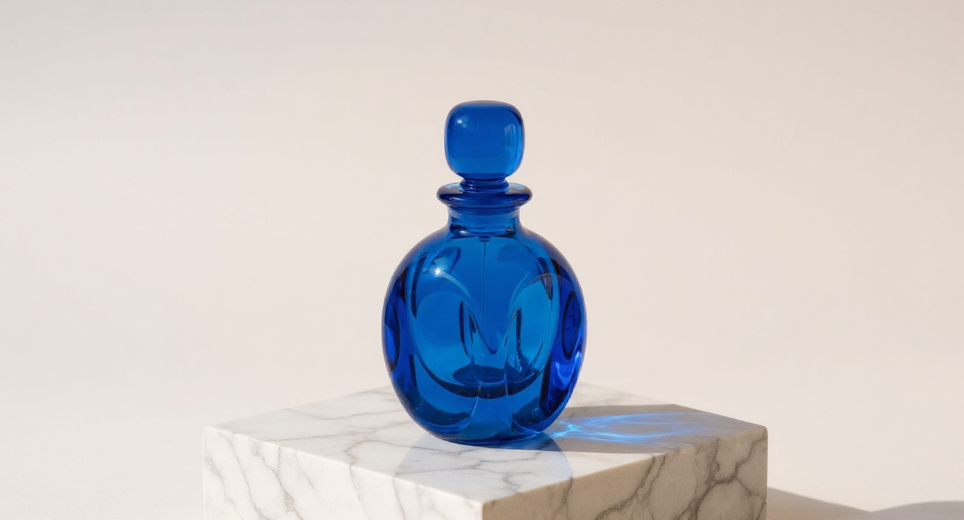 FLUX Kontext Pro: blue glass perfume bottle